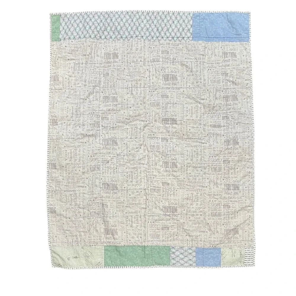 Handmade Patchwork Baby Quilt 44x33 Blue Green Stars Modern Nursery Throw